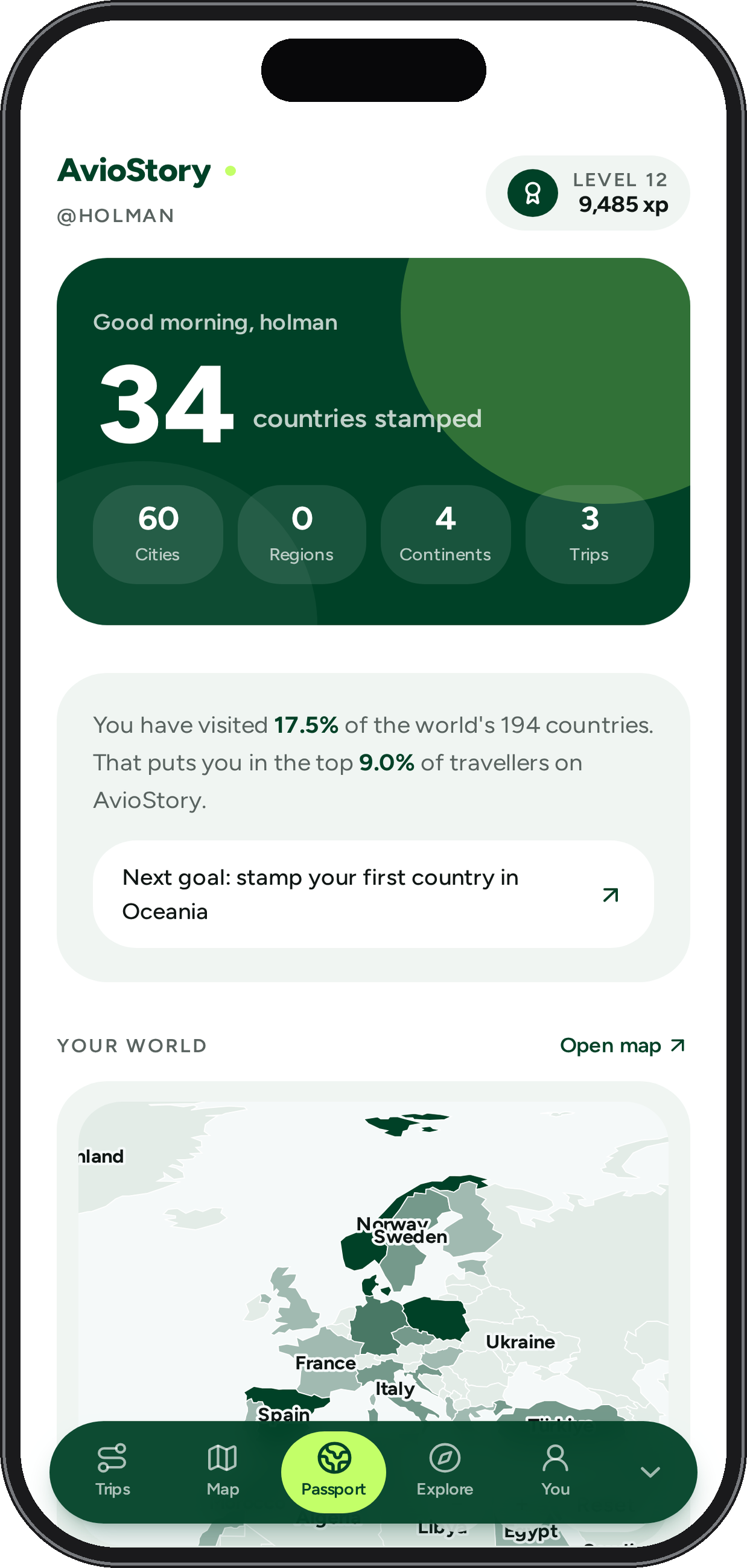 The AvioStory passport inside the app, showing visited countries, stats and the world map